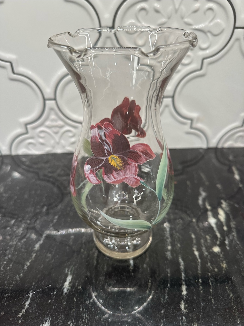 Gibson Art Glass “Lianna” Hand-Painted Clear Glass Vase with Irises
